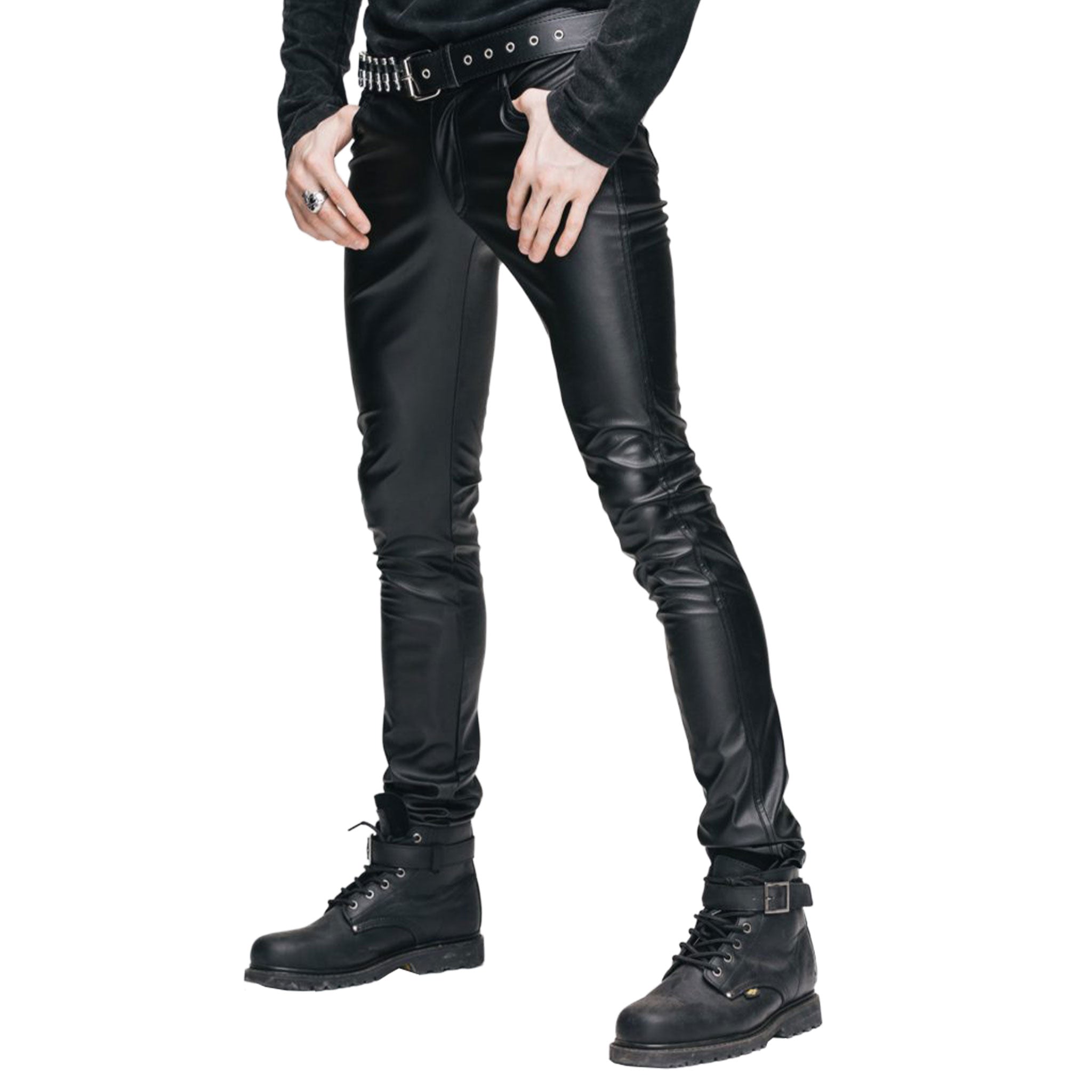 PVC synthetic-leather leather apparel bottoms pants jeans slim-cut slim-fit textured skull-and-crossbones zipper front-zip zipper-fly button-closure skull-button sharp rebellious high-shine glossy stretchy fetish fetishwear fashion alt-fashion punk goth gothic cyber male masculine masc mens guys dudes black