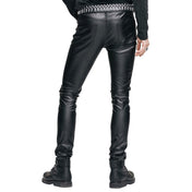 PVC synthetic-leather leather apparel bottoms pants jeans slim-cut slim-fit textured skull-and-crossbones zipper front-zip zipper-fly button-closure skull-button sharp rebellious high-shine glossy stretchy fetish fetishwear fashion alt-fashion punk goth gothic cyber male masculine masc mens guys dudes black