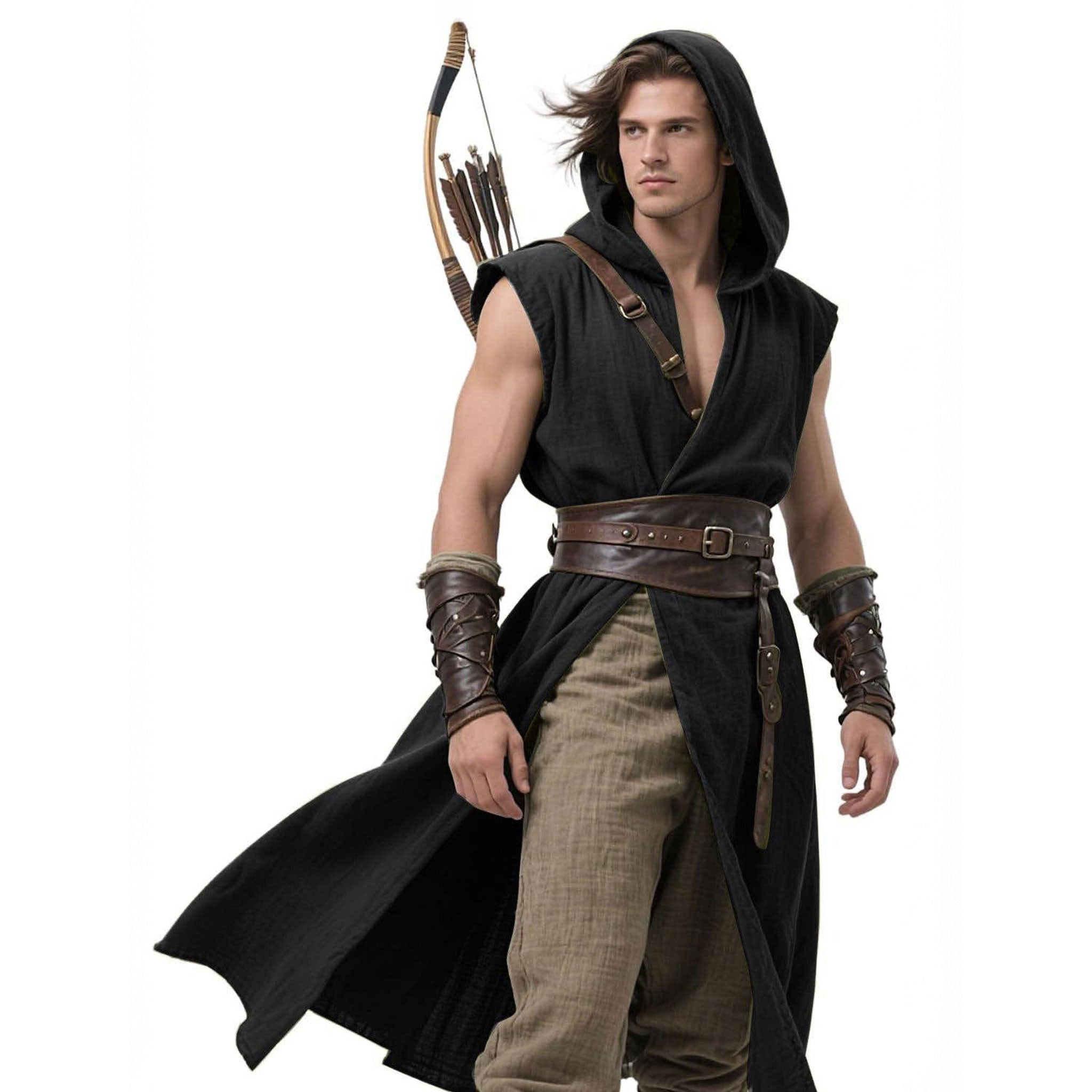 Polyester Spandex semi-sheer apparel accessories top coat jacket robe short-robe sleeveless hooded roomy layered stylish versatile lightweight comfortable flexibility fashion alt-fashion alternative punk goth gothic heavy-metal metalhead cyber cyberpunk medieval renaissance renfaire festival roleplay role-play adventurer cultist wanderer warrior wizard sorcerer necromancer viking costume cosplay halloween halloween-costume halloween-accessories male masculine masc mens menswear guys dudes unisex black