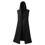 Polyester Spandex semi-sheer apparel accessories top coat jacket robe short-robe sleeveless hooded roomy layered stylish versatile lightweight comfortable flexibility fashion alt-fashion alternative punk goth gothic heavy-metal metalhead cyber cyberpunk medieval renaissance renfaire festival roleplay role-play adventurer cultist wanderer warrior wizard sorcerer necromancer viking costume cosplay halloween halloween-costume halloween-accessories male masculine masc mens menswear guys dudes unisex black