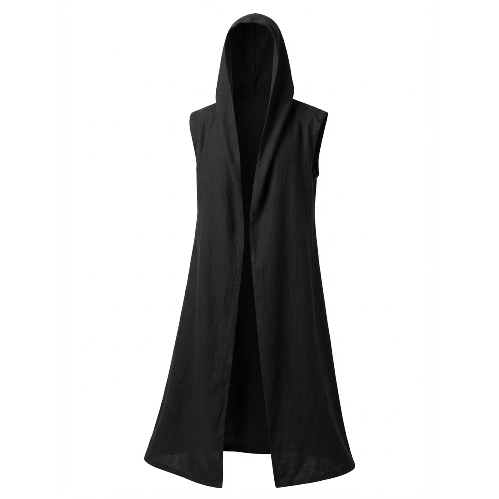 Polyester Spandex semi-sheer apparel accessories top coat jacket robe short-robe sleeveless hooded roomy layered stylish versatile lightweight comfortable flexibility fashion alt-fashion alternative punk goth gothic heavy-metal metalhead cyber cyberpunk medieval renaissance renfaire festival roleplay role-play adventurer cultist wanderer warrior wizard sorcerer necromancer viking costume cosplay halloween halloween-costume halloween-accessories male masculine masc mens menswear guys dudes unisex black