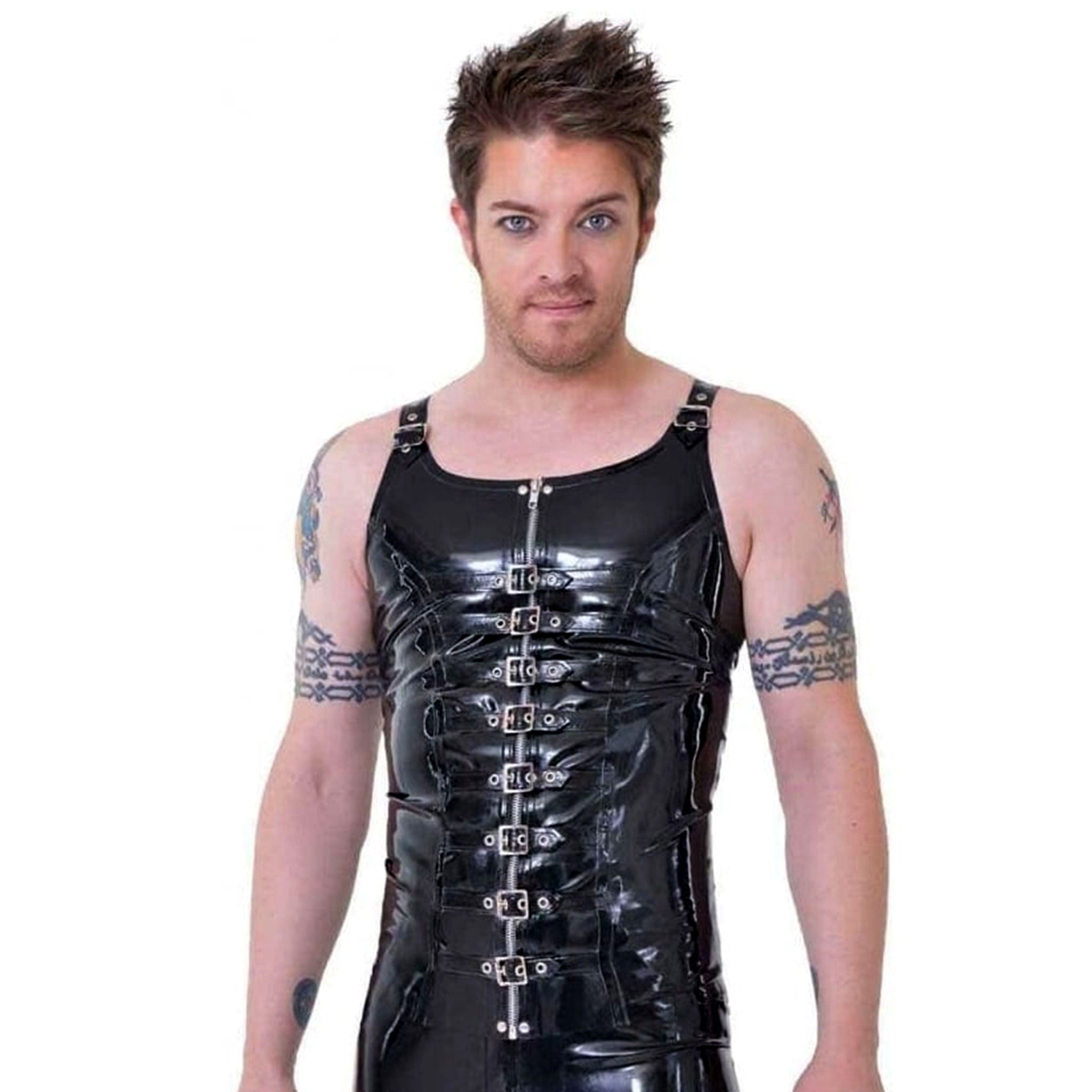 Latex rubber top outerwear vest sleeveless buckles buckle-front ajustable shoulder-straps O-ring front-zip zipper high-impact breathable halloween latex-lovers stylish male masculine masc mens menswear guys dudes black