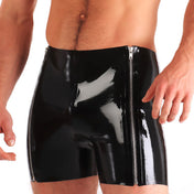 Latex rubber bottoms underwear shorts double-zip dual-zip zipper thigh-zip pull-on pullon easy-access quick-release party-boy shiny glossy saucy fetish fashion alt-fashion bdsm-fashion gay male masculine masc mens menswear guys dudes black
