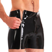 Latex rubber bottoms underwear shorts double-zip dual-zip zipper thigh-zip pull-on pullon easy-access quick-release party-boy shiny glossy saucy fetish fashion alt-fashion bdsm-fashion gay male masculine masc mens menswear guys dudes black