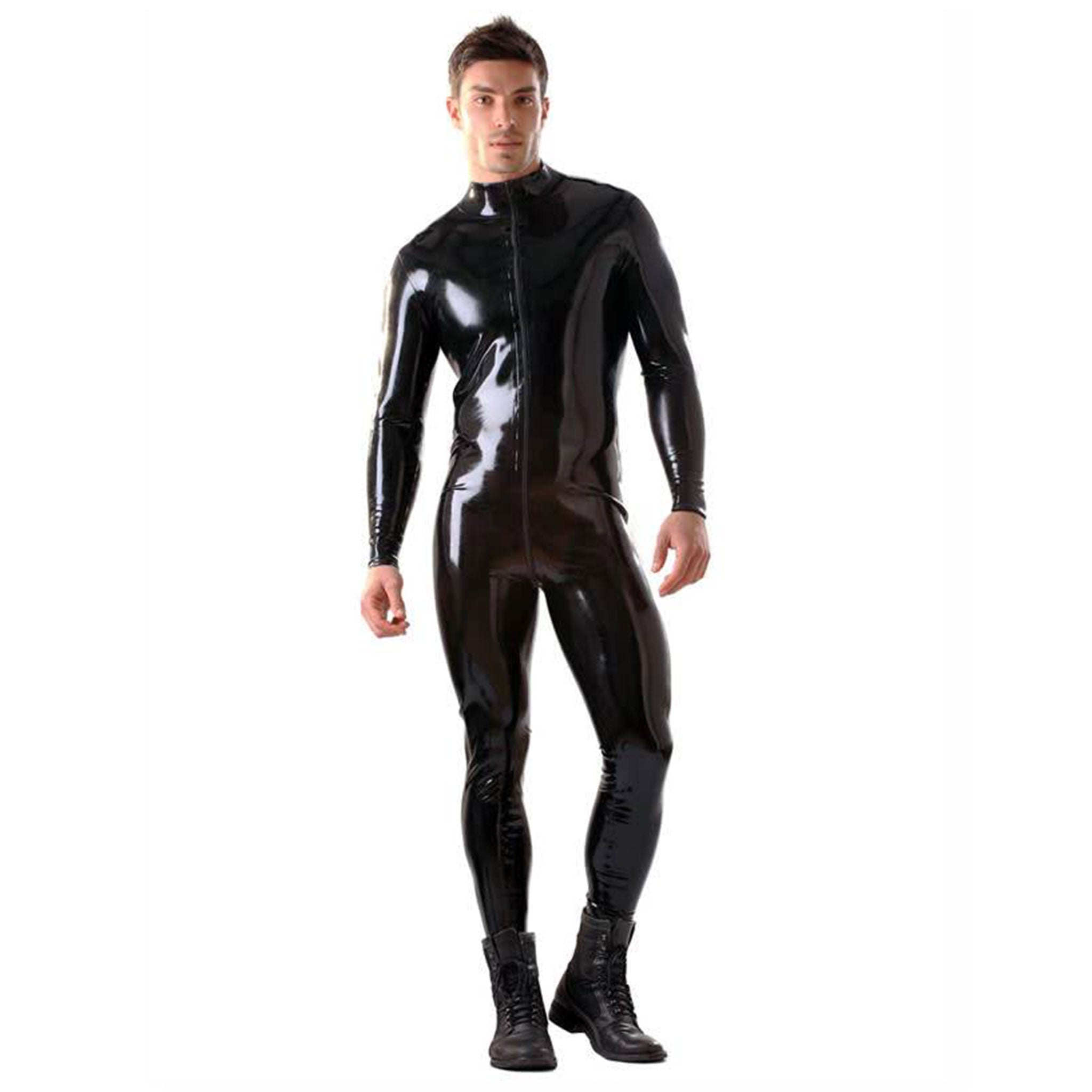 Latex rubber glued cat-suit catsuit one-piece onesie long-sleeve longsleeve sleeves sleeved high-neck high-collar full-zip front-zip 2way 2-way two-way zipper 
sexy shiny glossy classic kink kinky fetish fashion alt-fashion bdsm-fashion bdsm-gear male masculine masc mens dudes guys black