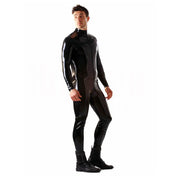 Latex rubber glued cat-suit catsuit one-piece onesie long-sleeve longsleeve sleeves sleeved high-neck high-collar full-zip front-zip 2way 2-way two-way zipper 
sexy shiny glossy classic kink kinky fetish fashion alt-fashion bdsm-fashion bdsm-gear male masculine masc mens dudes guys black