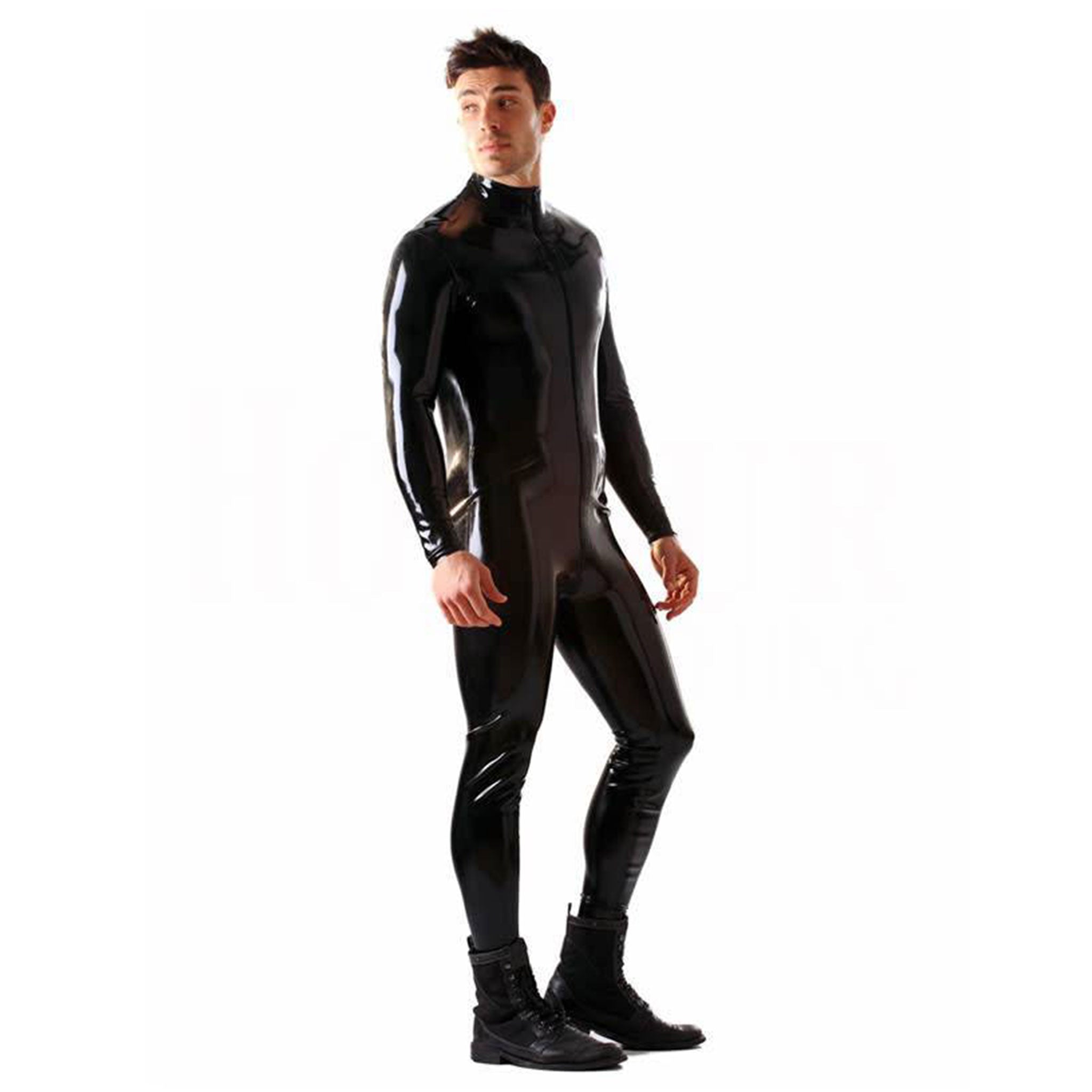 Latex rubber glued cat-suit catsuit one-piece onesie long-sleeve longsleeve sleeves sleeved high-neck high-collar full-zip front-zip 2way 2-way two-way zipper 
sexy shiny glossy classic kink kinky fetish fashion alt-fashion bdsm-fashion bdsm-gear male masculine masc mens dudes guys black