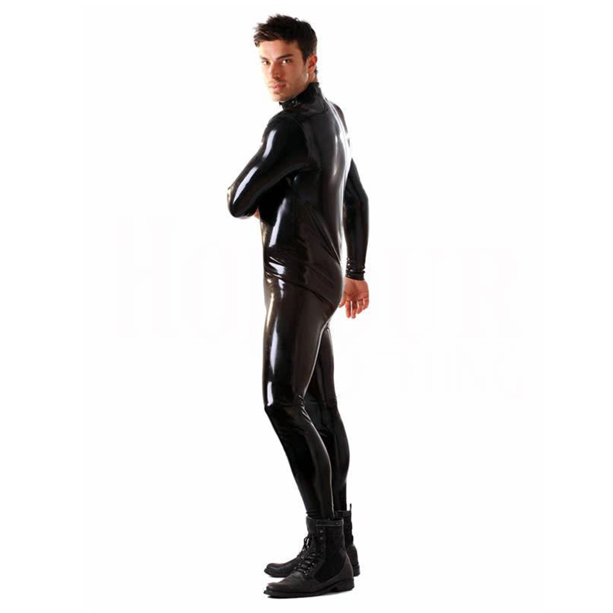 Latex rubber glued cat-suit catsuit one-piece onesie long-sleeve longsleeve sleeves sleeved high-neck high-collar full-zip front-zip 2way 2-way two-way zipper 
sexy shiny glossy classic kink kinky fetish fashion alt-fashion bdsm-fashion bdsm-gear male masculine masc mens dudes guys black