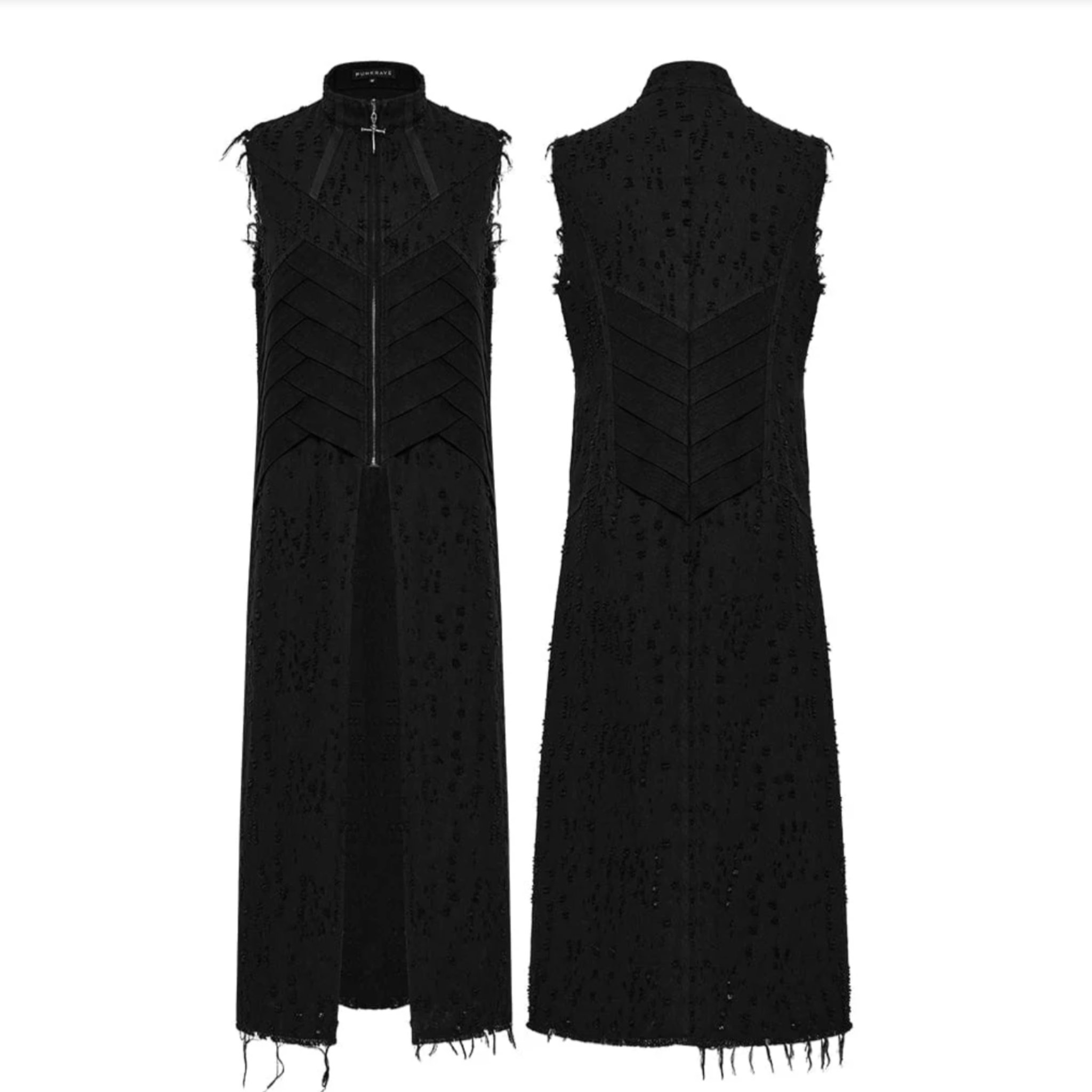 Men’s Gothic sleeveless coat with frayed edges, distressed shredded punk vest with stand collar and cross puller detail, alternative gothic fashion clothing, edgy punk outerwear for men in sizes S to 5XL
