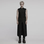 Men’s Gothic sleeveless coat with frayed edges, distressed shredded punk vest with stand collar and cross puller detail, alternative gothic fashion clothing, edgy punk outerwear for men in sizes S to 5XL