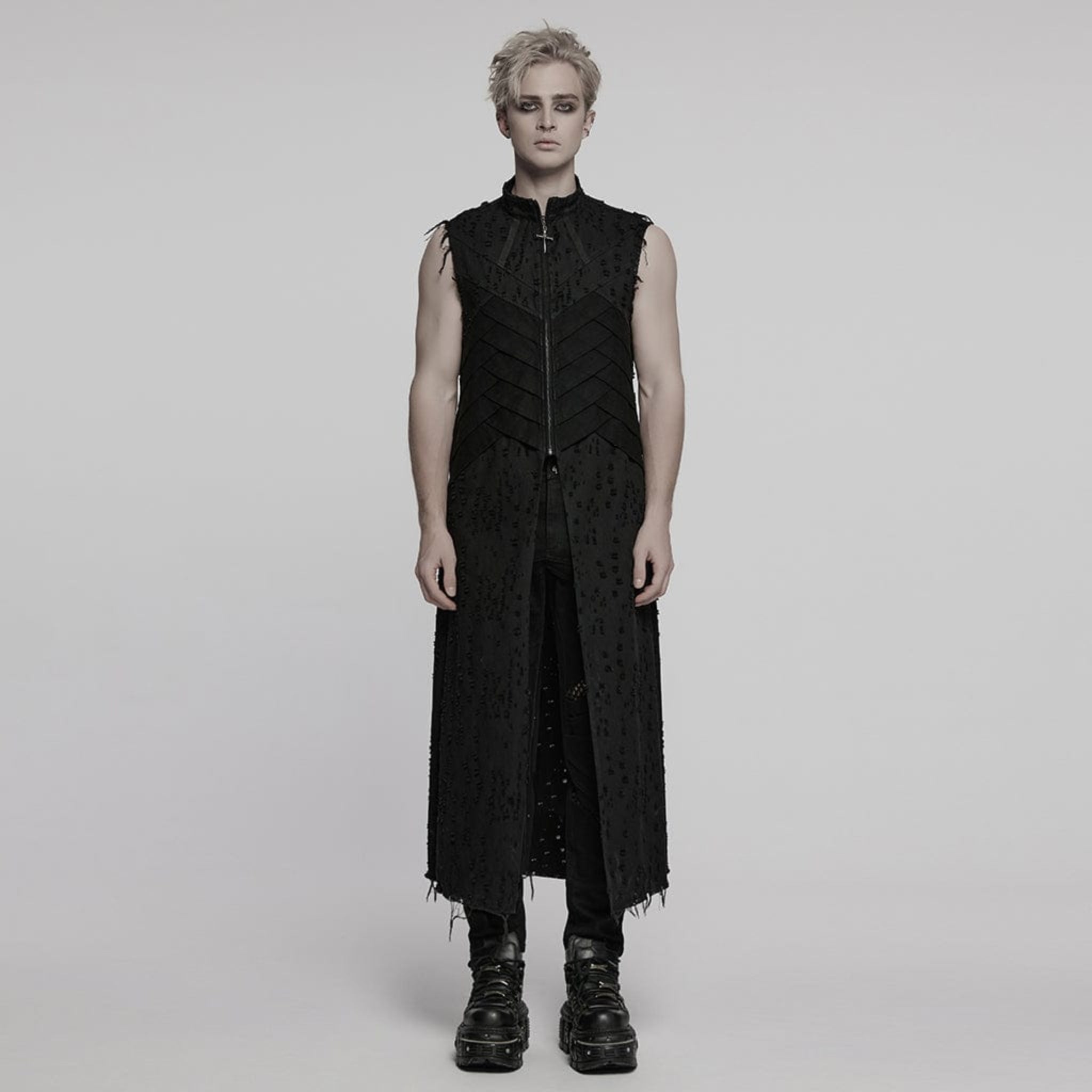 Men’s Gothic sleeveless coat with frayed edges, distressed shredded punk vest with stand collar and cross puller detail, alternative gothic fashion clothing, edgy punk outerwear for men in sizes S to 5XL