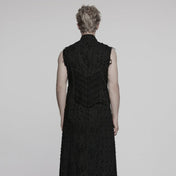Men’s Gothic sleeveless coat with frayed edges, distressed shredded punk vest with stand collar and cross puller detail, alternative gothic fashion clothing, edgy punk outerwear for men in sizes S to 5XL