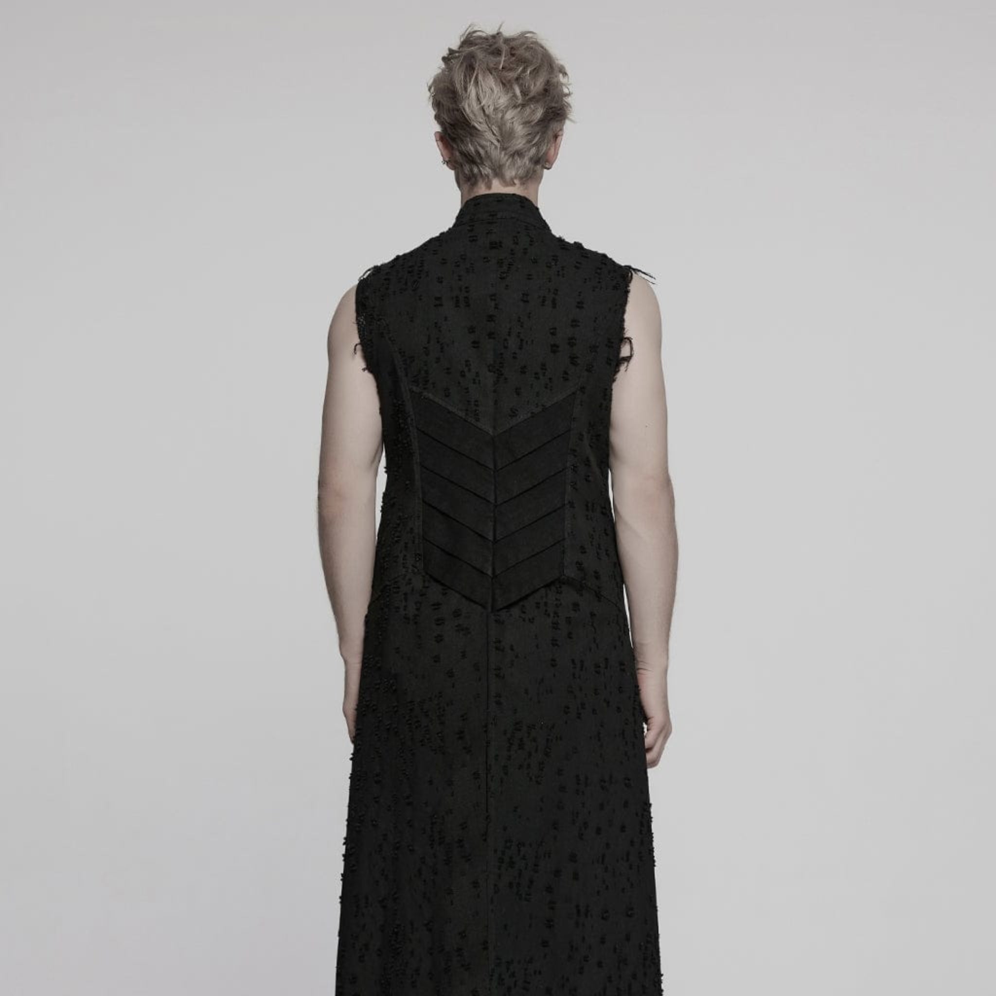 Men’s Gothic sleeveless coat with frayed edges, distressed shredded punk vest with stand collar and cross puller detail, alternative gothic fashion clothing, edgy punk outerwear for men in sizes S to 5XL
