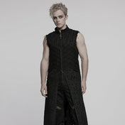 Men’s Gothic sleeveless coat with frayed edges, distressed shredded punk vest with stand collar and cross puller detail, alternative gothic fashion clothing, edgy punk outerwear for men in sizes S to 5XL