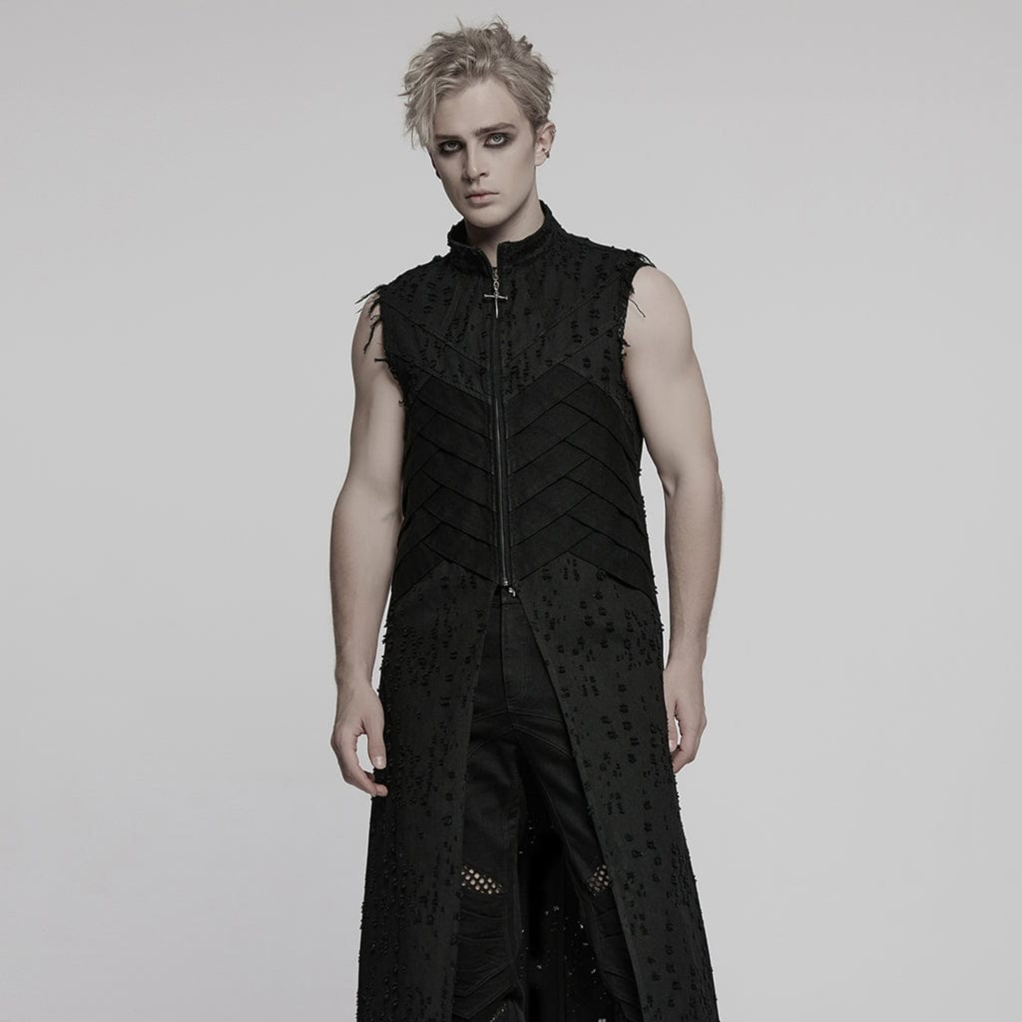 Men’s Gothic sleeveless coat with frayed edges, distressed shredded punk vest with stand collar and cross puller detail, alternative gothic fashion clothing, edgy punk outerwear for men in sizes S to 5XL