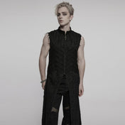 Men’s Gothic sleeveless coat with frayed edges, distressed shredded punk vest with stand collar and cross puller detail, alternative gothic fashion clothing, edgy punk outerwear for men in sizes S to 5XL