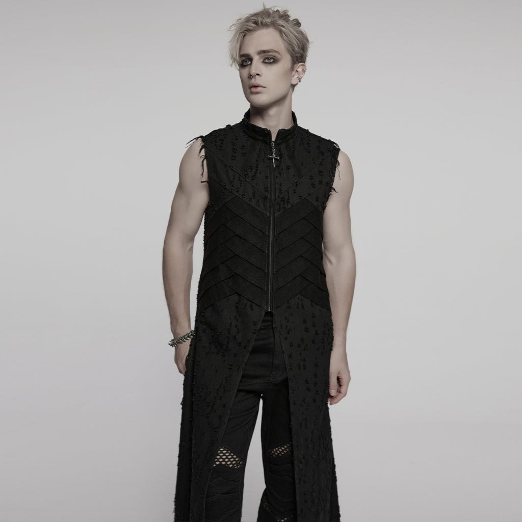Men’s Gothic sleeveless coat with frayed edges, distressed shredded punk vest with stand collar and cross puller detail, alternative gothic fashion clothing, edgy punk outerwear for men in sizes S to 5XL