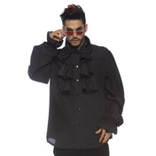 Polyester apparel tops shirt longsleeve long-sleeve sleeves sleeved button-down button-placket jabot-front ruffled-front ruffled-cuffs split-collar billowing soft versatile fetish fashion alt-fashion alternative goth gothic costume cosplay halloween regency romance romantic dramatic pirate vampire renaissance royalty nobility male masculine masc mens menswear guys dudes black