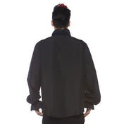 Polyester apparel tops shirt longsleeve long-sleeve sleeves sleeved button-down button-placket jabot-front ruffled-front ruffled-cuffs split-collar billowing soft versatile fetish fashion alt-fashion alternative goth gothic costume cosplay halloween regency romance romantic dramatic pirate vampire renaissance royalty nobility male masculine masc mens menswear guys dudes black