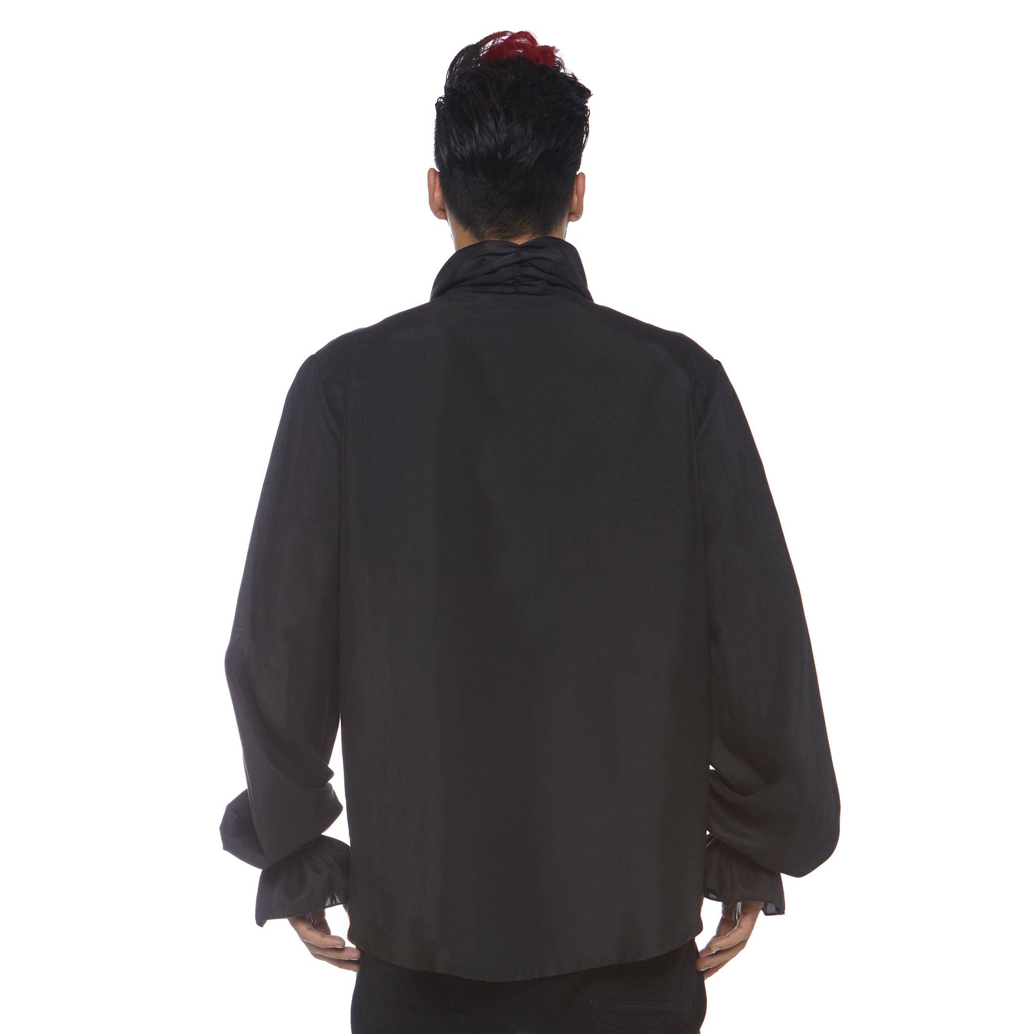 Polyester apparel tops shirt longsleeve long-sleeve sleeves sleeved button-down button-placket jabot-front ruffled-front ruffled-cuffs split-collar billowing soft versatile fetish fashion alt-fashion alternative goth gothic costume cosplay halloween regency romance romantic dramatic pirate vampire renaissance royalty nobility male masculine masc mens menswear guys dudes black