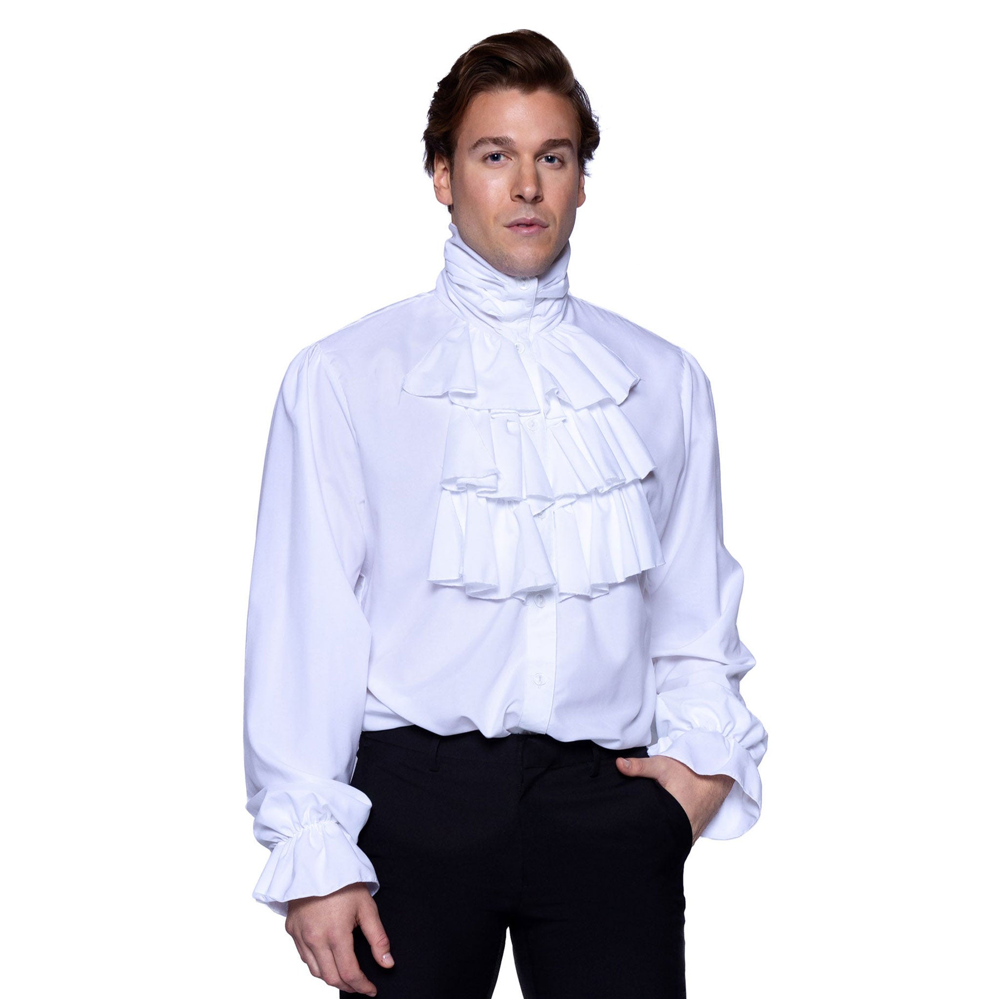 Polyester apparel tops shirt longsleeve long-sleeve sleeves sleeved button-down button-placket jabot-front ruffled-front ruffled-cuffs split-collar billowing soft versatile fetish fashion alt-fashion alternative goth gothic costume cosplay halloween regency romance romantic dramatic pirate vampire renaissance royalty nobility male masculine masc mens menswear guys dudes white