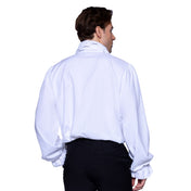 Polyester apparel tops shirt longsleeve long-sleeve sleeves sleeved button-down button-placket jabot-front ruffled-front ruffled-cuffs split-collar billowing soft versatile fetish fashion alt-fashion alternative goth gothic costume cosplay halloween regency romance romantic dramatic pirate vampire renaissance royalty nobility male masculine masc mens menswear guys dudes white