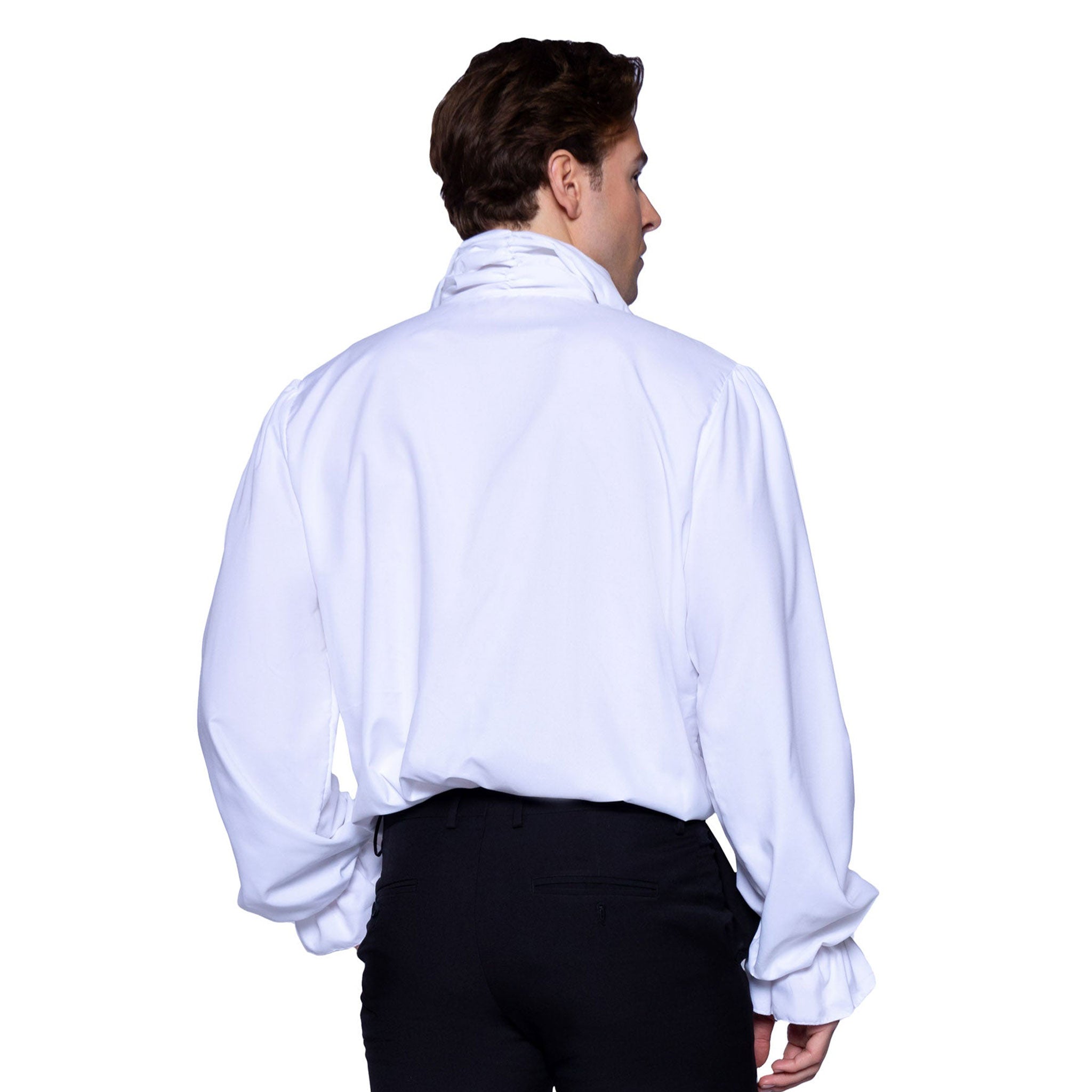 Polyester apparel tops shirt longsleeve long-sleeve sleeves sleeved button-down button-placket jabot-front ruffled-front ruffled-cuffs split-collar billowing soft versatile fetish fashion alt-fashion alternative goth gothic costume cosplay halloween regency romance romantic dramatic pirate vampire renaissance royalty nobility male masculine masc mens menswear guys dudes white