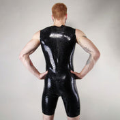 Latex rubber textured-latex etched-latex apparel one-piece surfsuit surf-suit short-leg sleeveless circuit-pattern circuit-print front-to-back through-zip thru-zip crotch-zip zipper circle-neckline surf surfer fetish fashion alt-fashion cyber bdsm bondage kink kinky kinkwear male masculine masc mens menswear guys dudes black