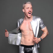 Latex rubber textured-latex etched-latex apparel top shirt shortsleeve short-sleeve sleeves sleeved front-zip full-zip zipper round-collar crew-collar scales scaly reptile snake serpent reptile-print reptile-latex fetish fashion alt-fashion partywear clubwear doorbitchproof doorbitch-proof male masculine masc mens menswear silver