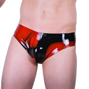 Latex rubber apparel bottoms intimates underwear lingerie briefs brief brief-cut full-cut durable comfortable fetish fashion alt-fashion alternative punk cyber festivalwear rave ravewear bedroom dungeon bondage bdsm bdsm-fashion kink kinky kinkwear costume cosplay halloween male masculine masc mens menswear guys dudes marbled-pattern red