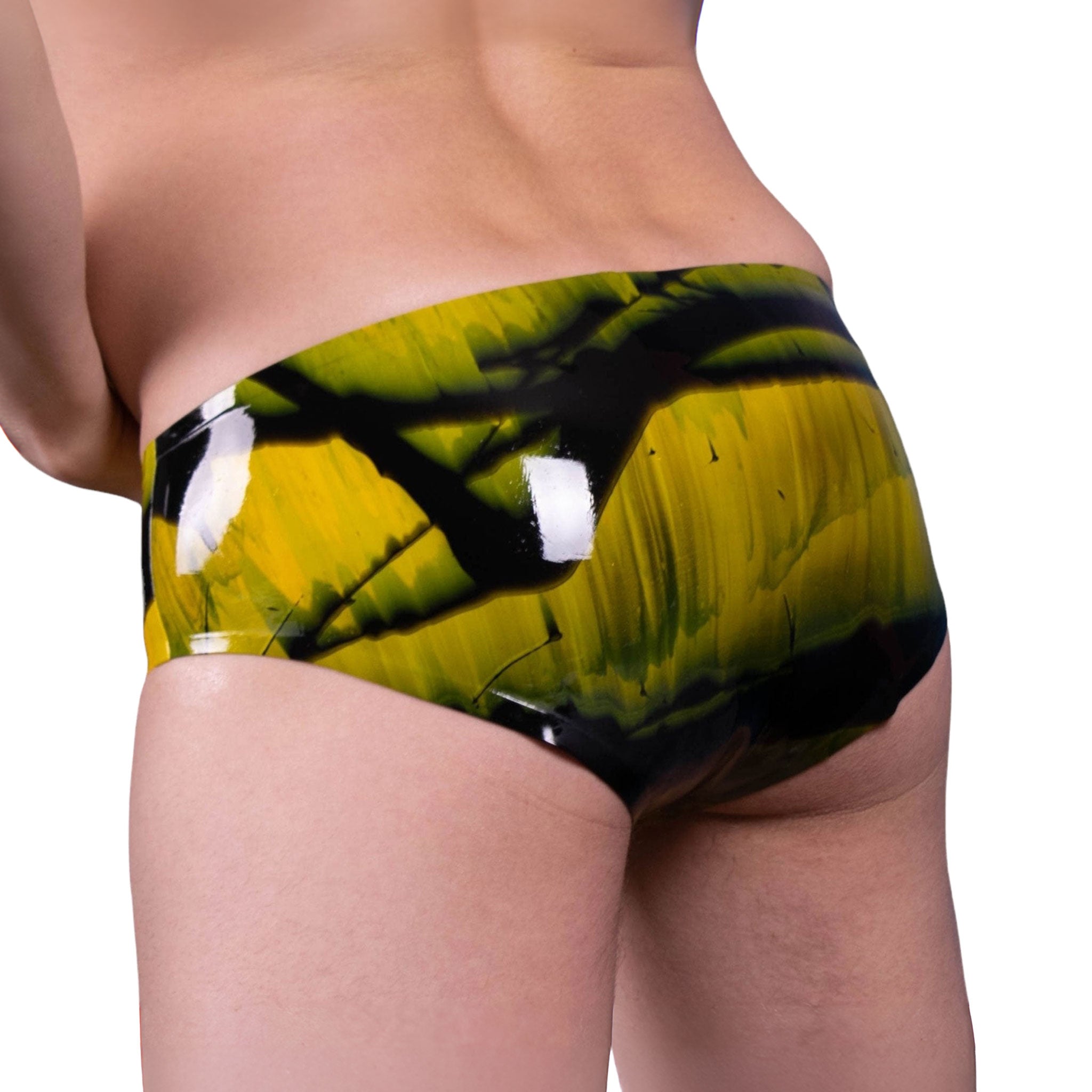 Latex rubber apparel bottoms intimates underwear lingerie briefs brief brief-cut full-cut durable comfortable fetish fashion alt-fashion alternative punk cyber festivalwear rave ravewear bedroom dungeon bondage bdsm bdsm-fashion kink kinky kinkwear costume cosplay halloween male masculine masc mens menswear guys dudes marbled-pattern yellow