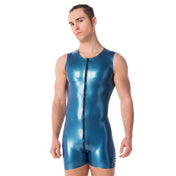 Latex rubber apparel one-piece onesie bodysuit body-suit muscle-suit sleeveless short-leg split-collar 2way 2-way two-way contrast-zip front-zip zipper shiny glossy fetish fashion alt-fashion alternative rave ravewear festival bondage bdsm bdsm-gear kink kinky kinkwear costume cosplay halloween male masculine masc mens menswear guys dudes blue metallic-blue