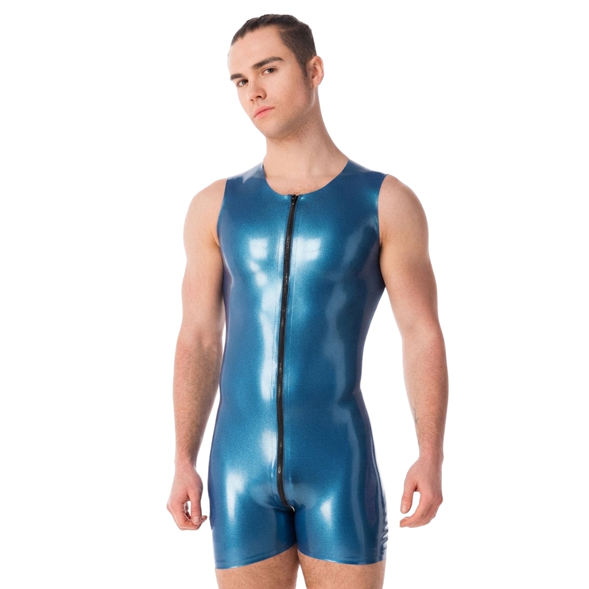 Latex rubber apparel one-piece onesie bodysuit body-suit muscle-suit sleeveless short-leg split-collar 2way 2-way two-way contrast-zip front-zip zipper shiny glossy fetish fashion alt-fashion alternative rave ravewear festival bondage bdsm bdsm-gear kink kinky kinkwear costume cosplay halloween male masculine masc mens menswear guys dudes blue metallic-blue