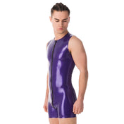 Latex rubber apparel one-piece onesie bodysuit body-suit muscle-suit sleeveless short-leg split-collar 2way 2-way two-way contrast-zip front-zip zipper shiny glossy fetish fashion alt-fashion alternative rave ravewear festival bondage bdsm bdsm-gear kink kinky kinkwear costume cosplay halloween male masculine masc mens menswear guys dudes purple metallic-purple