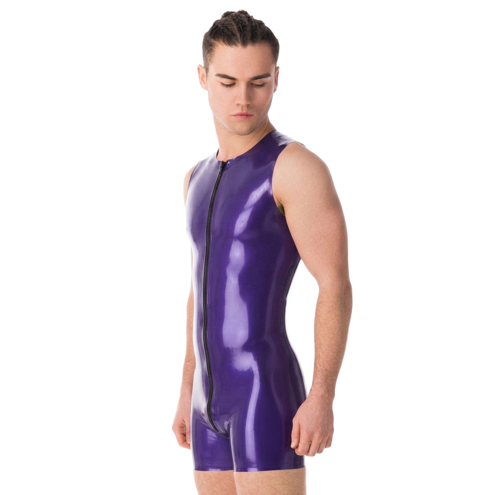 Latex rubber apparel one-piece onesie bodysuit body-suit muscle-suit sleeveless short-leg split-collar 2way 2-way two-way contrast-zip front-zip zipper shiny glossy fetish fashion alt-fashion alternative rave ravewear festival bondage bdsm bdsm-gear kink kinky kinkwear costume cosplay halloween male masculine masc mens menswear guys dudes purple metallic-purple