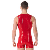 Latex rubber apparel one-piece onesie bodysuit body-suit muscle-suit sleeveless short-leg split-collar 2way 2-way two-way contrast-zip front-zip zipper shiny glossy fetish fashion alt-fashion alternative rave ravewear festival bondage bdsm bdsm-gear kink kinky kinkwear costume cosplay halloween male masculine masc mens menswear guys dudes red metallic-red
