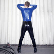 Latex rubber apparel bottoms pants leggings trousers belt-loops runners through-zip thru-zip crotch-zip zipper front-to-back tight close-fit skinny shiny glossy fetish fashion alt-fahsion punk goth gothic cyber clubwear kink kinky kinkwear male masculine masc mens menswear guys dudes black