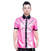 Latex rubber top shirt short-sleeve shortsleeve sleeves sleeved collared button-up button-down zipper snap-button press-stud O-ring fetish fashion alt-fashion male masculine masc mens menswear guys dudes pink fuchsia black