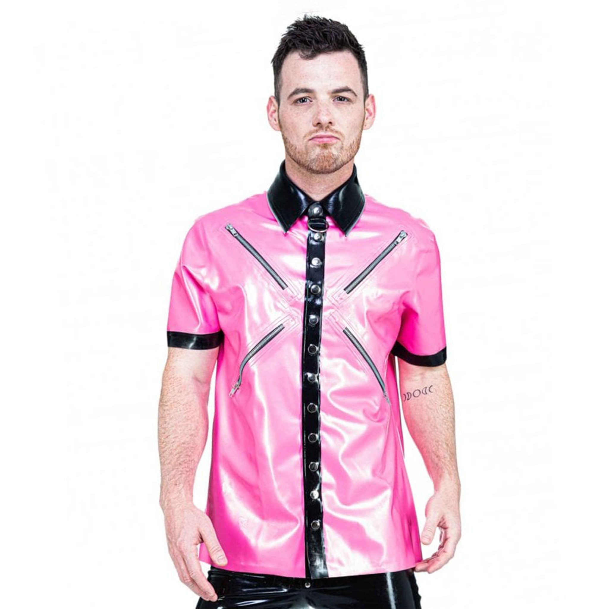 Latex rubber top shirt short-sleeve shortsleeve sleeves sleeved collared button-up button-down zipper snap-button press-stud O-ring fetish fashion alt-fashion male masculine masc mens menswear guys dudes pink fuchsia black