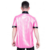Latex rubber top shirt short-sleeve shortsleeve sleeves sleeved collared button-up button-down zipper snap-button press-stud O-ring fetish fashion alt-fashion male masculine masc mens menswear guys dudes pink fuchsia black