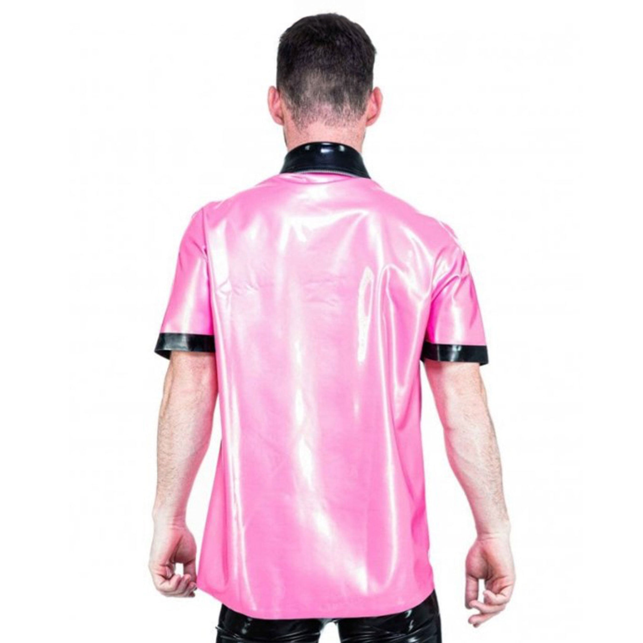 Latex rubber top shirt short-sleeve shortsleeve sleeves sleeved collared button-up button-down zipper snap-button press-stud O-ring fetish fashion alt-fashion male masculine masc mens menswear guys dudes pink fuchsia black