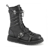 Leather faux-leather PU nylon-lacing footwear boot platform-boot mid-calf midcalf harness strap skull-and-bones skull adjustable buckle zipper side-zip inside-zip D-ring O-ring adjustable buckle harness-straps lace-up laceup-front rugged-outsole platform-outsole dominance durable sturdy bold fetish fashion alt-fashion alternative punk goth gothic rock biker emo heavy-metal metal-fashion industrial costume cosplay halloween spooky male masculine masc mens guys dudes black