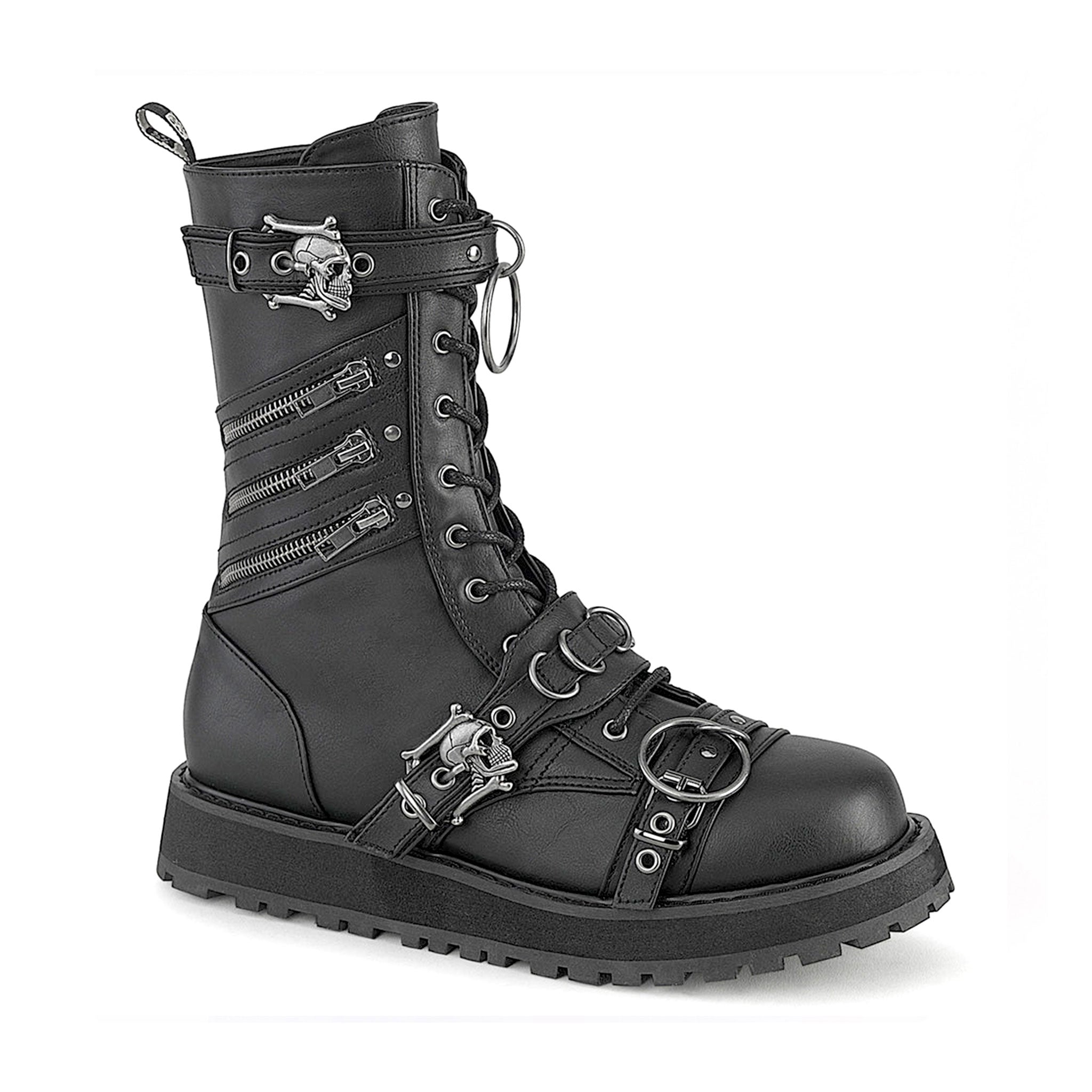 Leather faux-leather PU nylon-lacing footwear boot platform-boot mid-calf midcalf harness strap skull-and-bones skull adjustable buckle zipper side-zip inside-zip D-ring O-ring adjustable buckle harness-straps lace-up laceup-front rugged-outsole platform-outsole dominance durable sturdy bold fetish fashion alt-fashion alternative punk goth gothic rock biker emo heavy-metal metal-fashion industrial costume cosplay halloween spooky male masculine masc mens guys dudes black