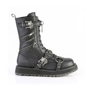 Leather faux-leather PU nylon-lacing footwear boot platform-boot mid-calf midcalf harness strap skull-and-bones skull adjustable buckle zipper side-zip inside-zip D-ring O-ring adjustable buckle harness-straps lace-up laceup-front rugged-outsole platform-outsole dominance durable sturdy bold fetish fashion alt-fashion alternative punk goth gothic rock biker emo heavy-metal metal-fashion industrial costume cosplay halloween spooky male masculine masc mens guys dudes black