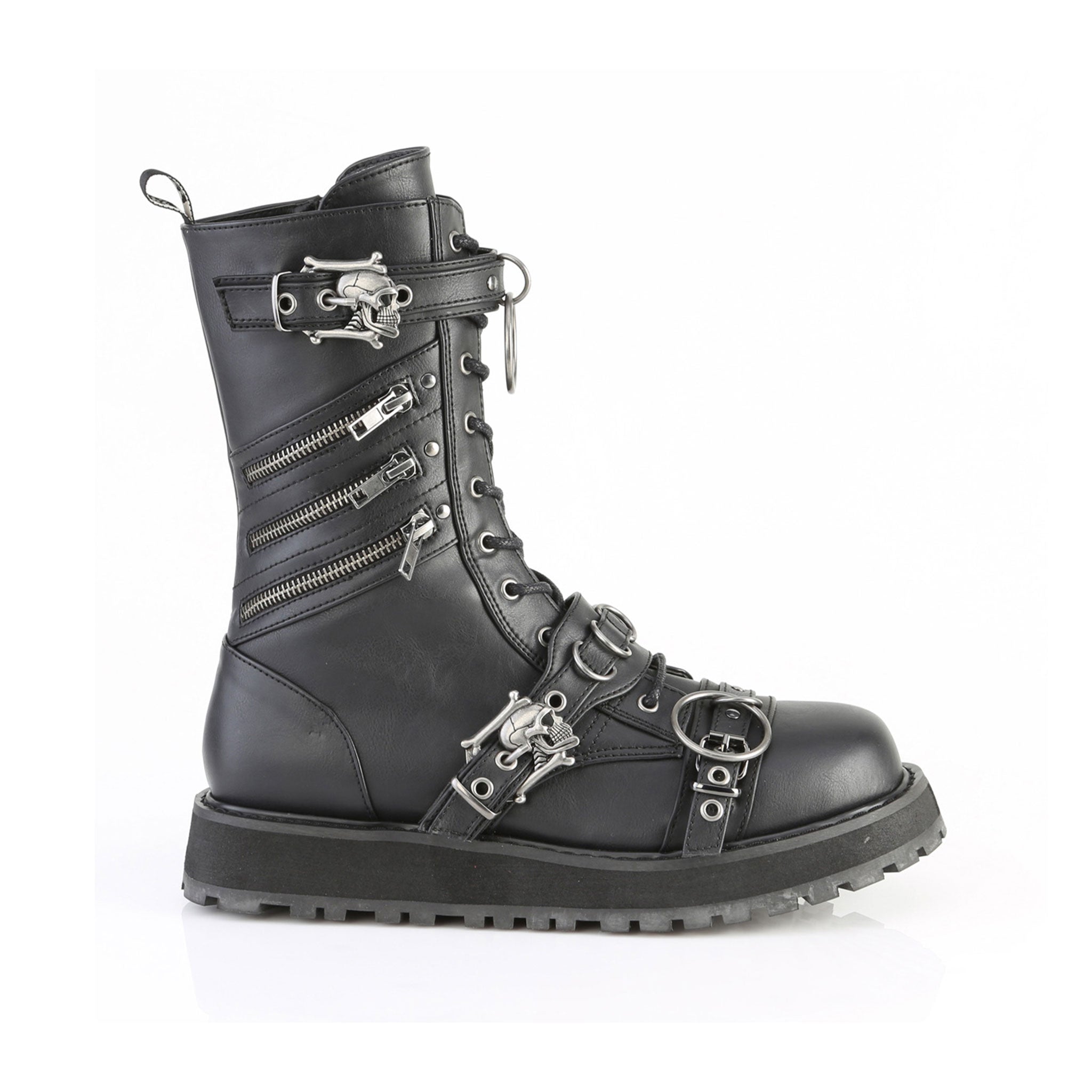 Leather faux-leather PU nylon-lacing footwear boot platform-boot mid-calf midcalf harness strap skull-and-bones skull adjustable buckle zipper side-zip inside-zip D-ring O-ring adjustable buckle harness-straps lace-up laceup-front rugged-outsole platform-outsole dominance durable sturdy bold fetish fashion alt-fashion alternative punk goth gothic rock biker emo heavy-metal metal-fashion industrial costume cosplay halloween spooky male masculine masc mens guys dudes black
