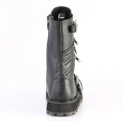 Leather faux-leather PU nylon-lacing footwear boot platform-boot mid-calf midcalf harness strap skull-and-bones skull adjustable buckle zipper side-zip inside-zip D-ring O-ring adjustable buckle harness-straps lace-up laceup-front rugged-outsole platform-outsole dominance durable sturdy bold fetish fashion alt-fashion alternative punk goth gothic rock biker emo heavy-metal metal-fashion industrial costume cosplay halloween spooky male masculine masc mens guys dudes black