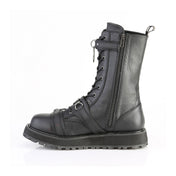 Leather faux-leather PU nylon-lacing footwear boot platform-boot mid-calf midcalf harness strap skull-and-bones skull adjustable buckle zipper side-zip inside-zip D-ring O-ring adjustable buckle harness-straps lace-up laceup-front rugged-outsole platform-outsole dominance durable sturdy bold fetish fashion alt-fashion alternative punk goth gothic rock biker emo heavy-metal metal-fashion industrial costume cosplay halloween spooky male masculine masc mens guys dudes black