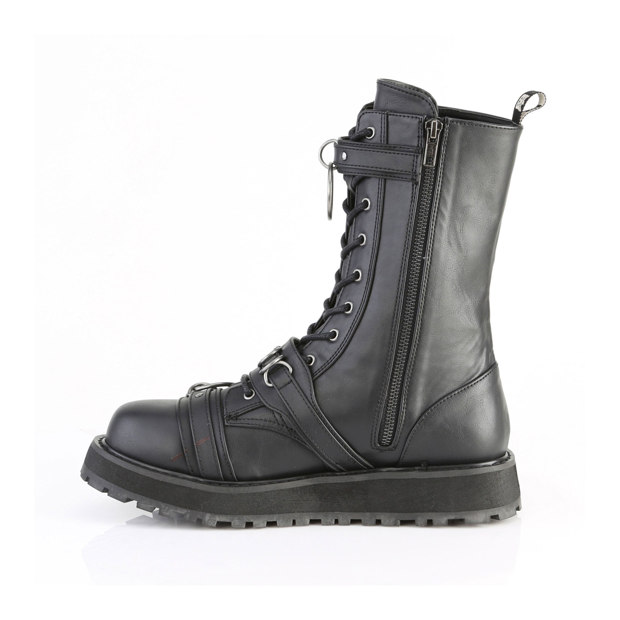 Leather faux-leather PU nylon-lacing footwear boot platform-boot mid-calf midcalf harness strap skull-and-bones skull adjustable buckle zipper side-zip inside-zip D-ring O-ring adjustable buckle harness-straps lace-up laceup-front rugged-outsole platform-outsole dominance durable sturdy bold fetish fashion alt-fashion alternative punk goth gothic rock biker emo heavy-metal metal-fashion industrial costume cosplay halloween spooky male masculine masc mens guys dudes black