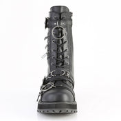 Leather faux-leather PU nylon-lacing footwear boot platform-boot mid-calf midcalf harness strap skull-and-bones skull adjustable buckle zipper side-zip inside-zip D-ring O-ring adjustable buckle harness-straps lace-up laceup-front rugged-outsole platform-outsole dominance durable sturdy bold fetish fashion alt-fashion alternative punk goth gothic rock biker emo heavy-metal metal-fashion industrial costume cosplay halloween spooky male masculine masc mens guys dudes black