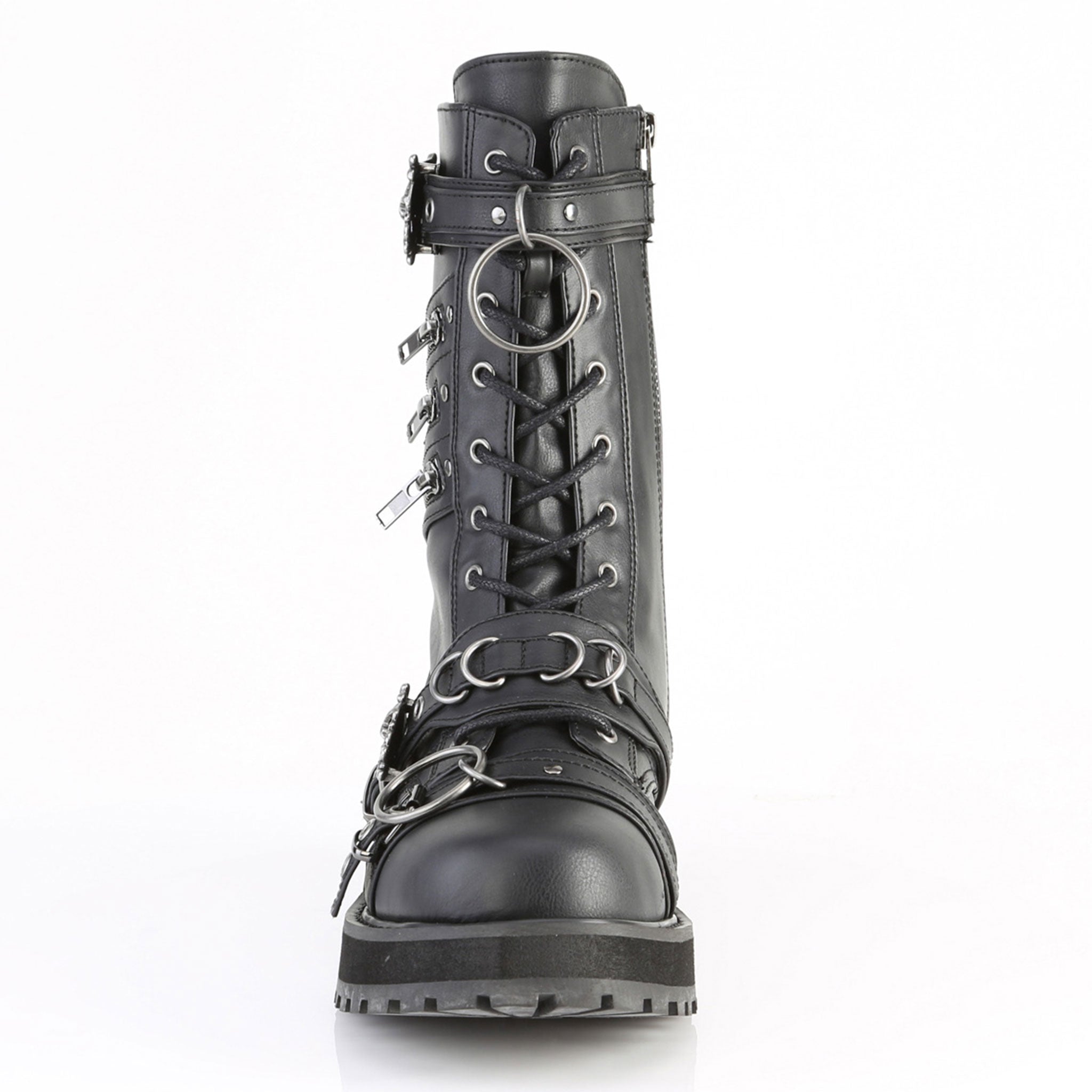Leather faux-leather PU nylon-lacing footwear boot platform-boot mid-calf midcalf harness strap skull-and-bones skull adjustable buckle zipper side-zip inside-zip D-ring O-ring adjustable buckle harness-straps lace-up laceup-front rugged-outsole platform-outsole dominance durable sturdy bold fetish fashion alt-fashion alternative punk goth gothic rock biker emo heavy-metal metal-fashion industrial costume cosplay halloween spooky male masculine masc mens guys dudes black